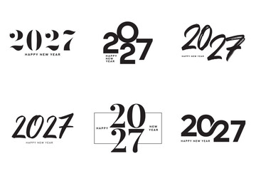 Obraz premium Trendy 2027 Happy New Year logo set. 2027 Happy New Year symbol collection. Vector minimalist black 2027 New Year labels. Holiday symbols for greeting card, brochure, poster, branding and printing.