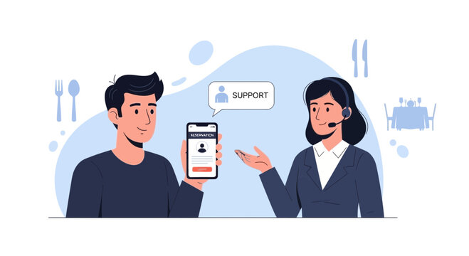 Customer service agent assisting user with mobile app for restaurant bookings.