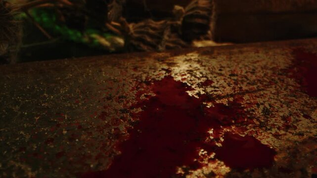 Eerie dolly of blood lying on a rusty saw surrounded by bloody ropes and broken glass