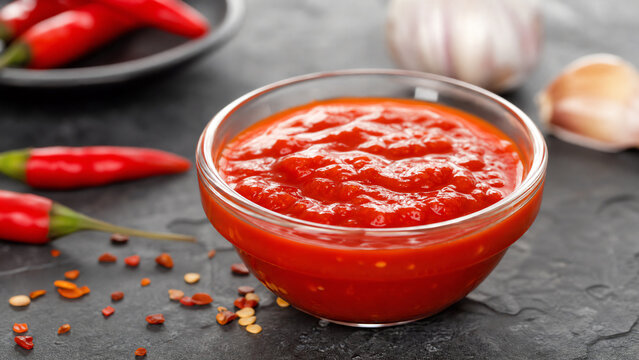 A vibrant bowl of red chili sauce, surrounded by fresh ingredients like garlic and chili peppers, perfect for adding flavor to dishes.