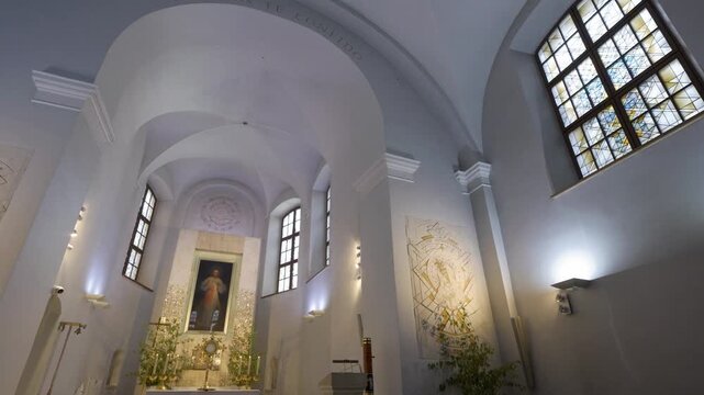 Vilnius, Lithuania 05 27 2026  &ndash; Interior view of the Shrine of The Divine Mercy in Vilnius showcasing the 1935 Divine Mercy artwork by Eugeniusz Kazimirowski