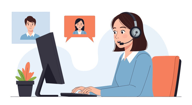 Customer service operator with headset and computer, video call communication