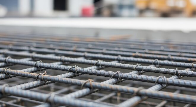 Close-up macro shot of steel rebar grid for concrete reinforcement in construction