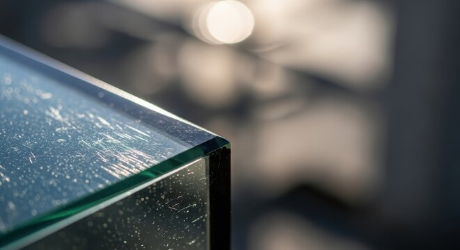 Close-up Macro View of a Glass Corner with Reflections and Subtle Textures Illuminated by Soft Light