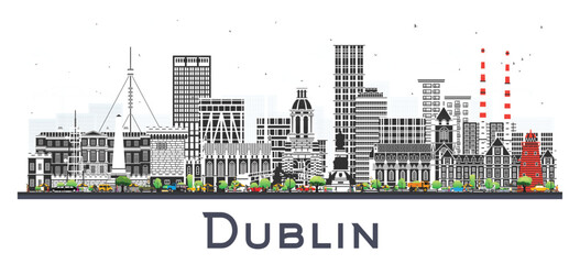 Naklejka premium Dublin Ireland city skyline with color buildings isolated on white. Illustration. Dublin cityscape with landmarks. Business travel and tourism concept with modern and historic architecture.