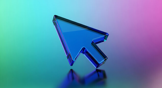 Blue translucent 3D cursor icon pointing on a colorful gradient background digital mouse pointer symbol translucent technology interface navigation selection computer internet gradient