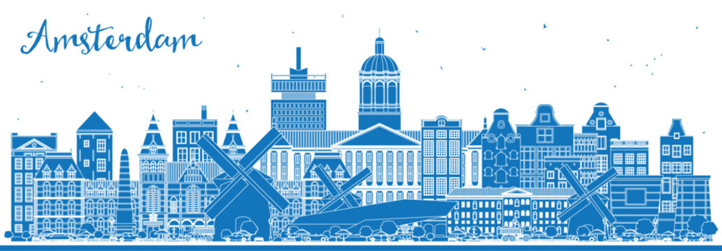 Outline Amsterdam Holland City Skyline with Blue Buildings. Illustration. Business Travel and Tourism Concept with Historic Architecture. Amsterdam Netherlands Cityscape with Landmarks.