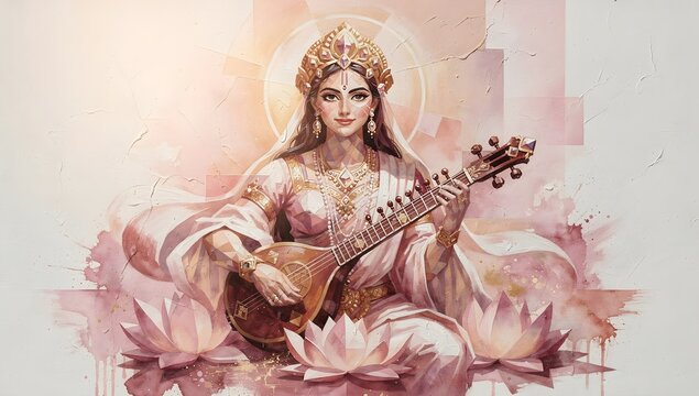 abstract colorful oil paint brush stroke art of maa saraswati playing veena