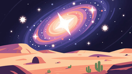 Illustration Of A Galaxy Shining Above A Desert Planet Vector Design Template © Princess