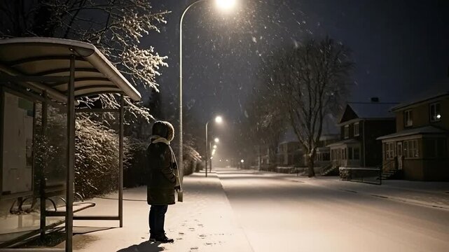 Young woman waiting at a bus stop on a quiet snowy suburban street at night under a streetlamp, representing solitude, winter commute, and urban isolation concepts