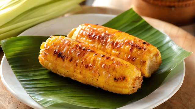 Deliciously grilled corn on the cob served on a banana leaf, a treat perfect for summer barbecues and outdoor gatherings.