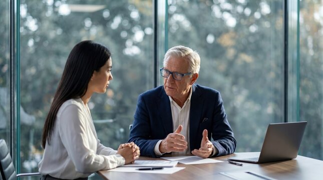Two diverse business professionals engaged in serious discussion during a meeting in a modern office with large windows.