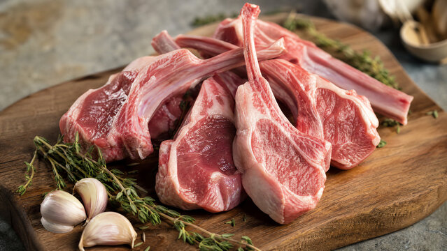 Fresh and succulent lamb chops displayed on a wooden board, garnished with herbs and garlic, perfect for culinary inspiration.