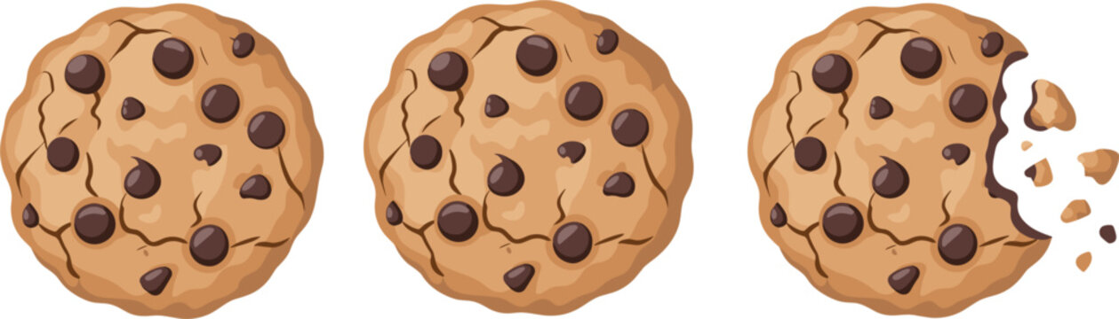 Chocolate chip cookies collection with crumbs, bitten sweet homemade biscuits vector illustration on white background