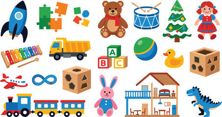 Naklejka premium Childrens Colorful Toy Icon Set with Teddy Bear Train Truck Doll and Rocket Vector Illustration for Kindergarten Education and Kids Designs