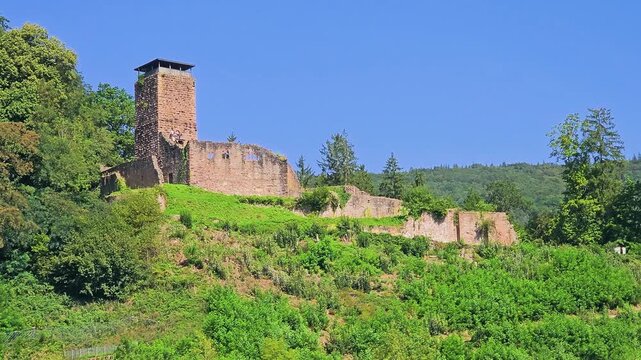 Ancient castle ruins and stone tower on a green hillside in Neckarsteinach, Germany, surrounded by forest under a clear blue sky, scenic view of historic architecture in the Neckar Valley.
