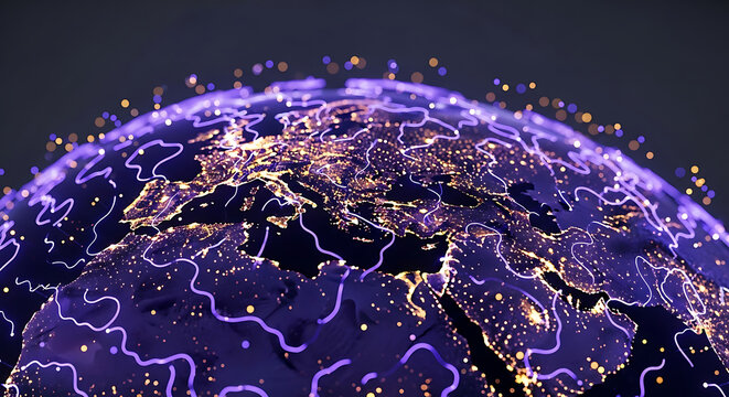 Digital earth with glowing global network connections highlighting europe and asia technology connection communication internet futuristic abstract international geography continent