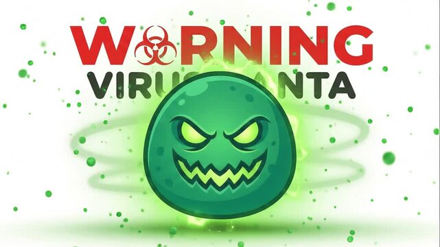Virus warning animation featuring a scary green pathogen character with glowing eyes and floating particles for medical research video