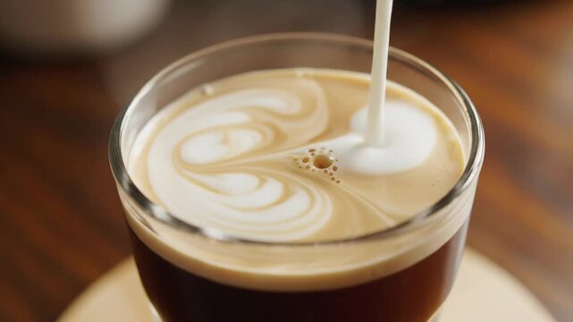 Creamy coffee latte milk glass beverage drink swirl with hot foam and cold milk pouring close up
