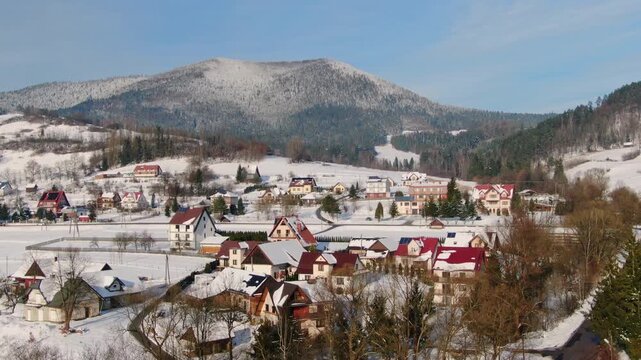 Mszana Dolna Village in the Snowy Beskidy Mountains