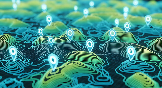Digital topographic map visualization with glowing blue location pin icons on futuristic wireframe terrain location navigation topographic wireframe visualization technology futuristic