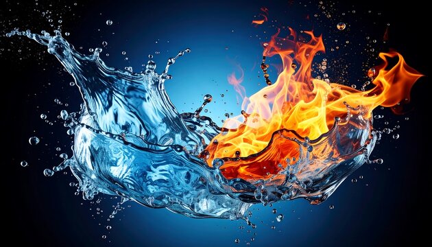 Dynamic Water Splash Colliding with Bright Flame on Dark Blue Background