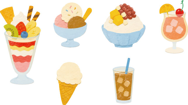 Papercut summer dessert vector set, cute paper craft cafe drinks and ice cream illustration isolated on white background