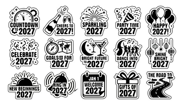 New year 2027 celebration patch and sticker collection with celebration stickers typography monochrome greeting countdown champagne fireworks balloons calendar decoration seasonal