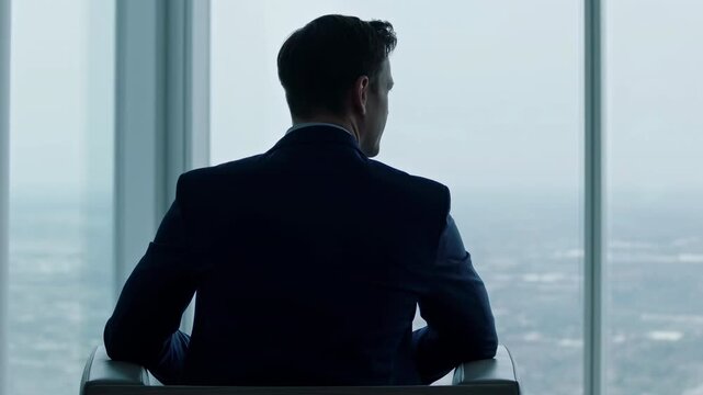 Corporate Leader Calmly Evaluates Cityscape As Part Of Strategic Planning Inside His Office