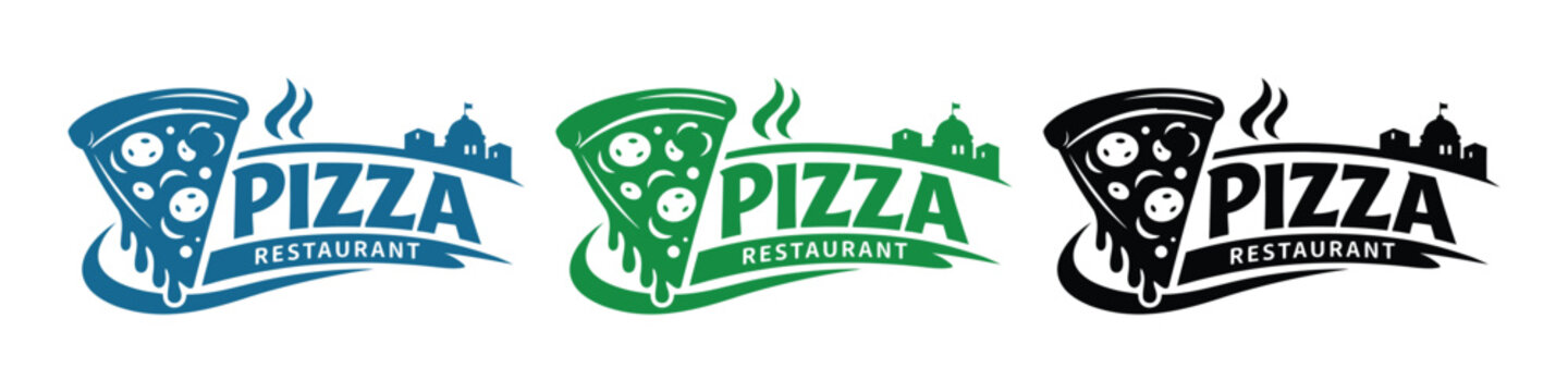 Slices of Pizza with Restaurant Text and City Skyline during a Hot Day Isolated on white background