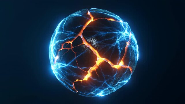 Abstract cracked planet sphere with glowing blue energy and lava cracks