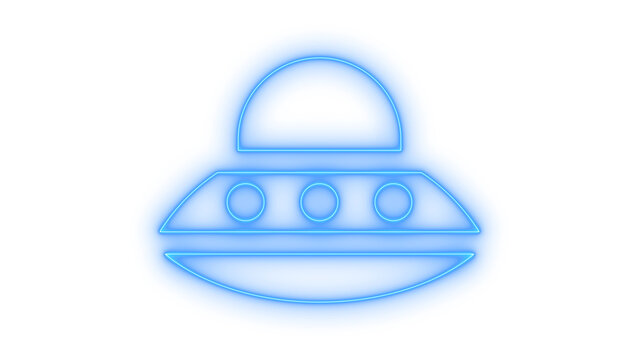 Colorfull neon ufo spaceship icon with a glowing outline representing an unidentified flying object for science fiction and outer space projects isolated on transparent background