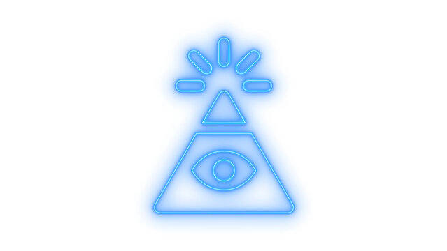 A colorfull neon glowing pyramid icon with the all seeing eye of providence symbol and shining rays of light for mystical spiritual designs isolated on transparent background