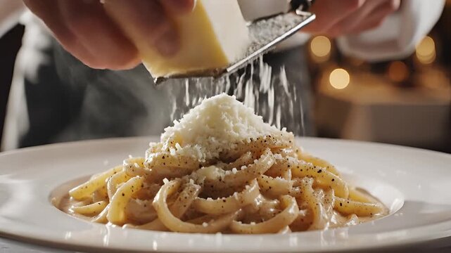 Chef Grating Fresh Parmesan Cheese Onto Delicious Pasta Dish Close Up.