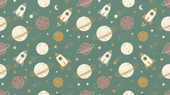 Seamless cosmic adventure vector pattern with planets, rockets, and stars on a dreamy green background, perfect for children's designs and celestial themes