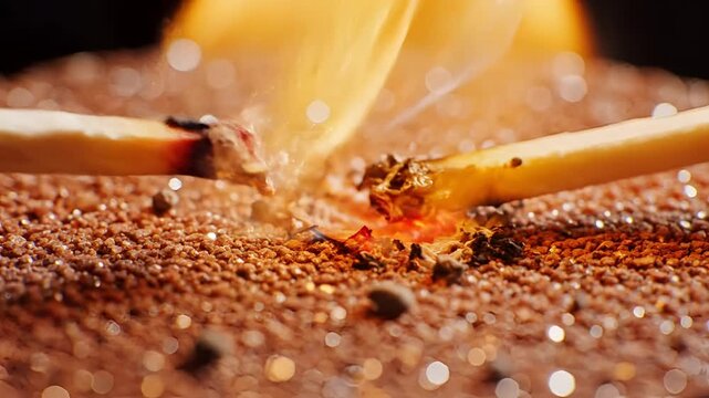 Close up of a match igniting and burning with sparks flying.