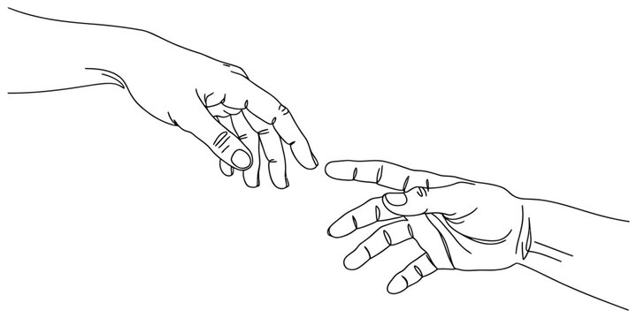 Line art illustration of two hands reaching towards each other