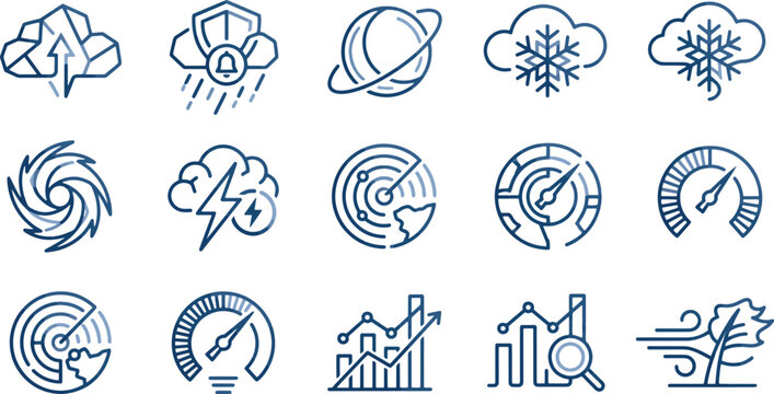 Weather radar and climate monitoring line icons set with data graph, gauge meter, hurricane, storm alert and snowflake