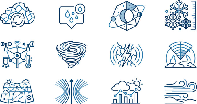 Meteorology and advanced weather forecast line icons set with radar station, climate network, hurricane, map and sensor data