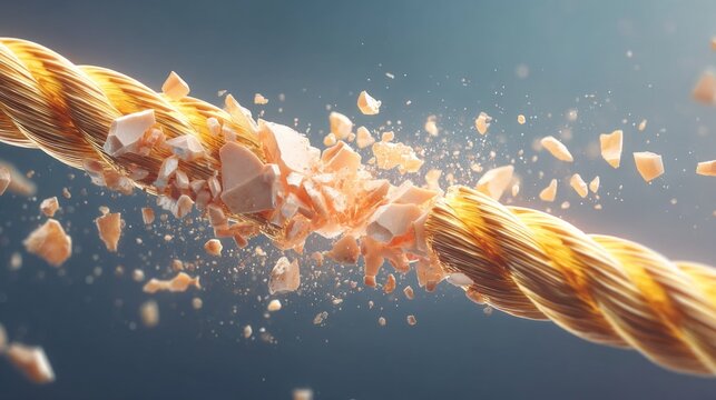 Close-up of a frayed and breaking twisted rope with flying debris on dark background