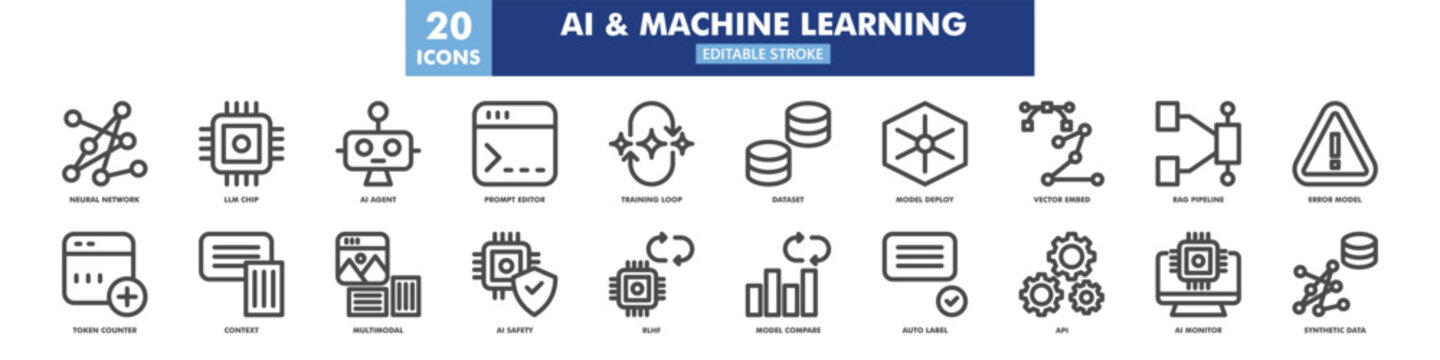 ai and machine learning icon set in line style, icon set containing neural network, llm chip, ai agent, prompt editor, rlhf, api. editable stroke. vector illustration.