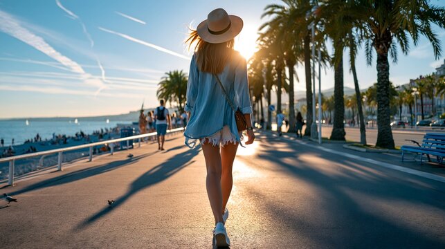 Frau spaziert bei Sonnenuntergang entlang Palmenpromenade am Meer