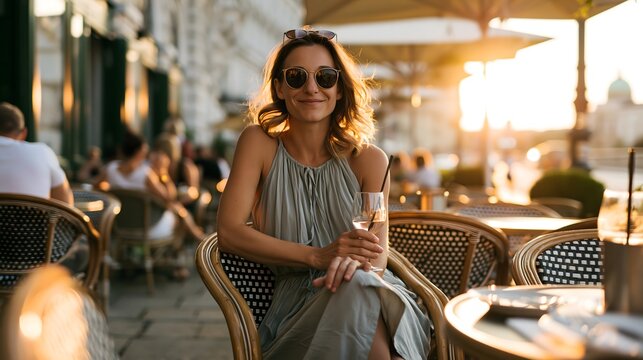 Elegante Frau sitzt entspannt im Stra&szlig;encaf&eacute; bei warmem Abendlicht