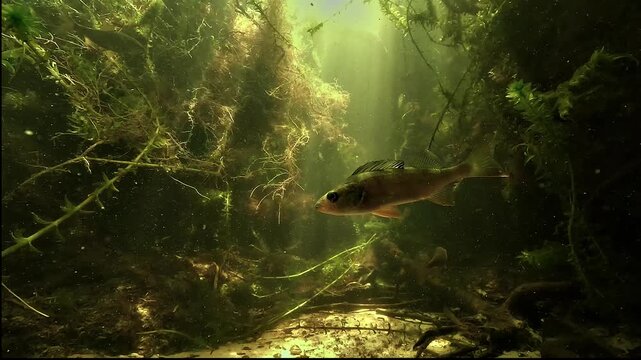 Fixed shot in a well lit submerged woodland, with one European perch - Perca fluviatilis - crossing the scene and another coming close to the lens.