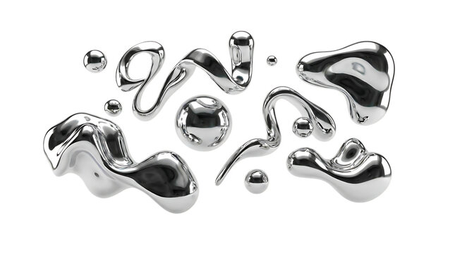 3d chrome metal organic fluid shapes and stars. Abstract liquid mercury metallic icon. 3d rendering aluminum gradient shape design . Brutalist futuristic style