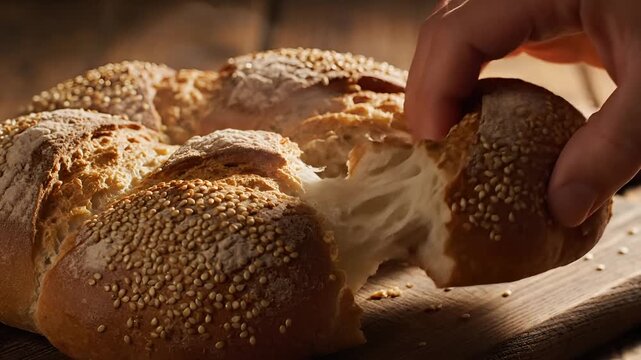 Closeup of a bakers hand breaking a crusty sesame seed bread loaf.