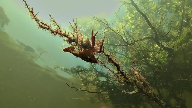 Red swamp crayfish - Procambarus clarkii - hangs from a fine submerged branch under the lake surface, waving its claws against blue sky light.