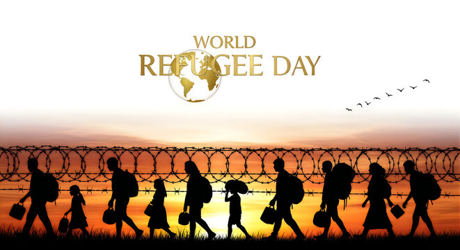 Silhouettes of refugees walking along a barbed wire fence at sunset
