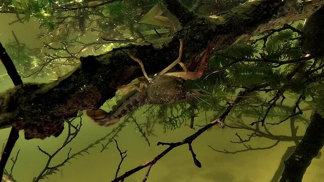 Red swamp crayfish - Procambarus clarkii - clings beneath underwater wood and stays still, an invasive nuisance crustacean established in Europe.