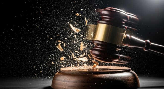 Judge gavel smashing on wooden block with splintering wood
